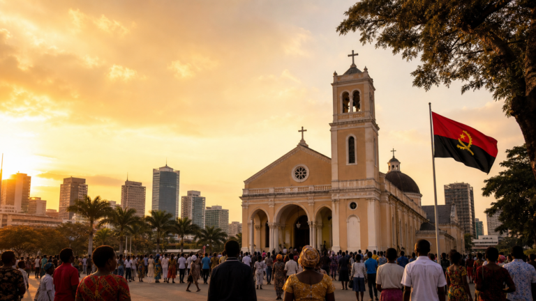 Igreja em Luanda com a bandeira de Angola ao pôr do sol